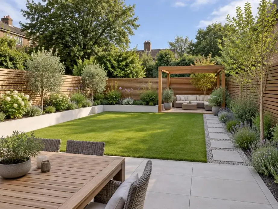 Garden transformation with new lawn, timber fencing and seating area